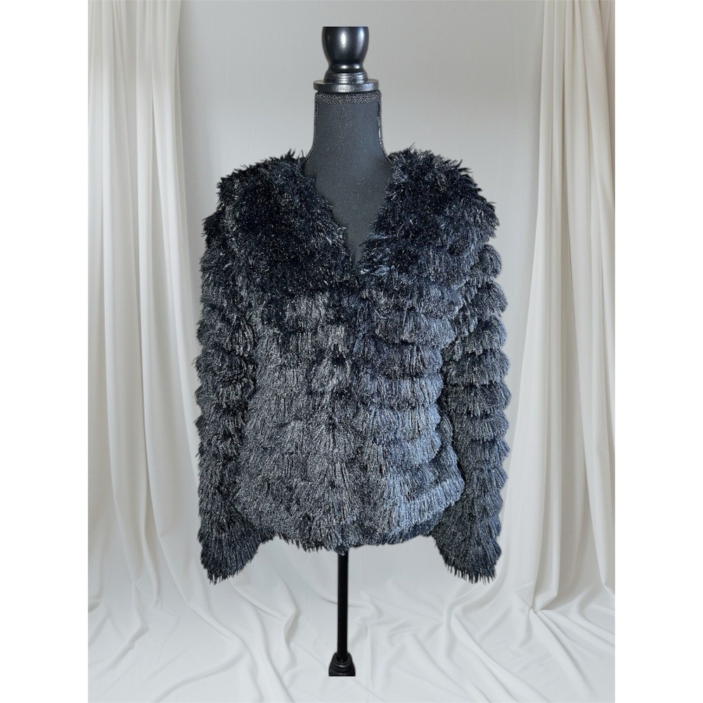 Black Shaggy Furry Boho Club‎ Rave Glam Jacket Mob Wife Going Out Jacket  SZ M